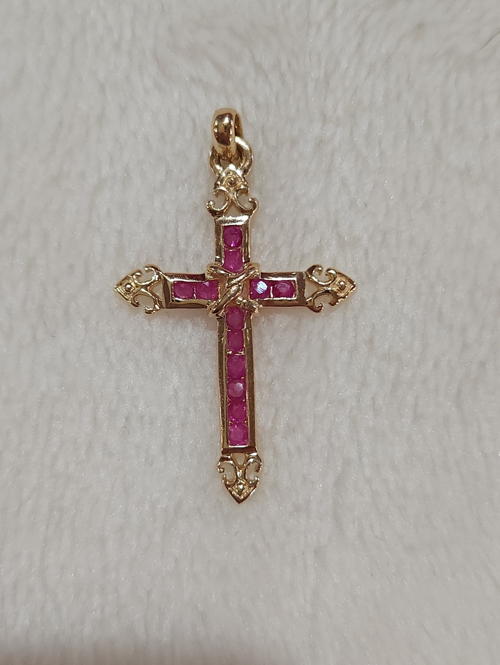 14K Gold Cross Pendant with Pink Ruby Gemstones